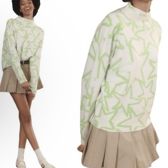 Anthropology Maeve Green Star Pattern Sweater and Tan Pleated Skirt - Picture 2 of 6